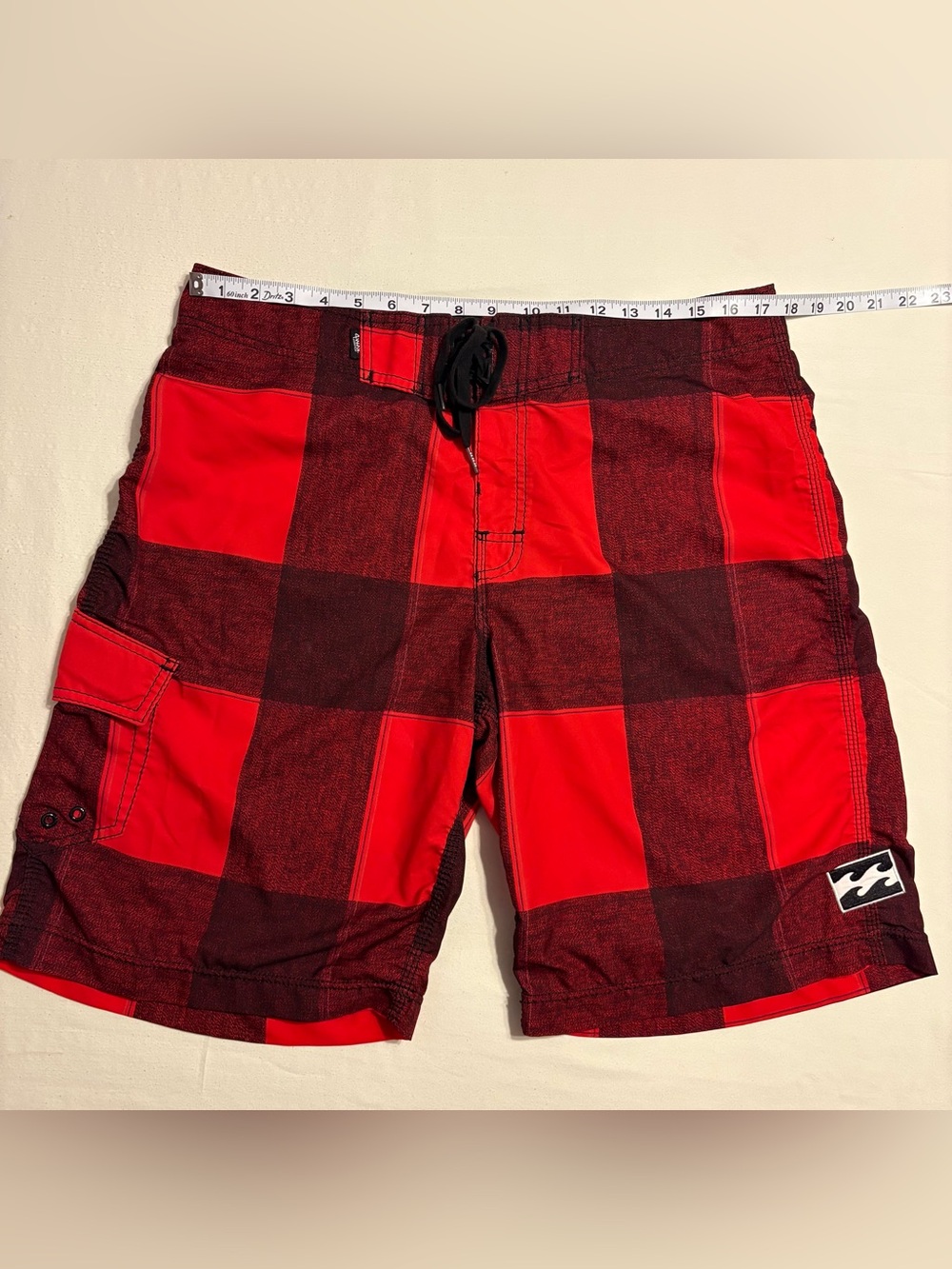 Billabong Platinum Quad Stretch Board Shorts Red and Black Buffalo Plaid Pattern - Picture 2 of 12